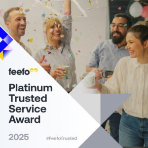 A graphic celebrating the achievement of being awarded Feefo's Platinum Trusted Service Award.